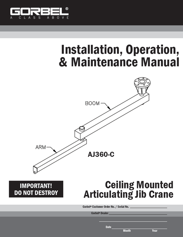 Gorbel Model AJ360-C Articulating Jib Crane Ceiling Mounted Manual