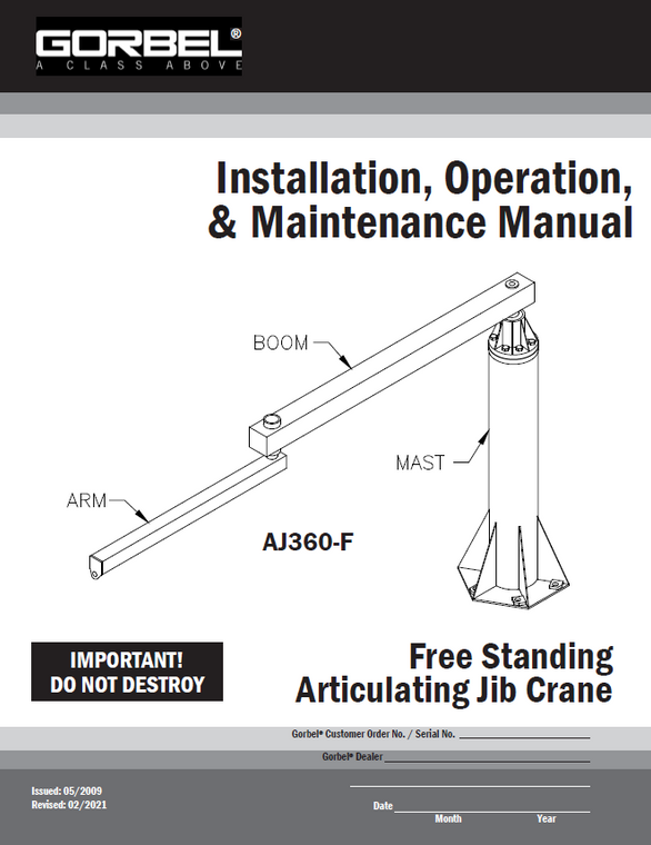 Gorbel AJ360-F Free Standing Jib Crane Manual