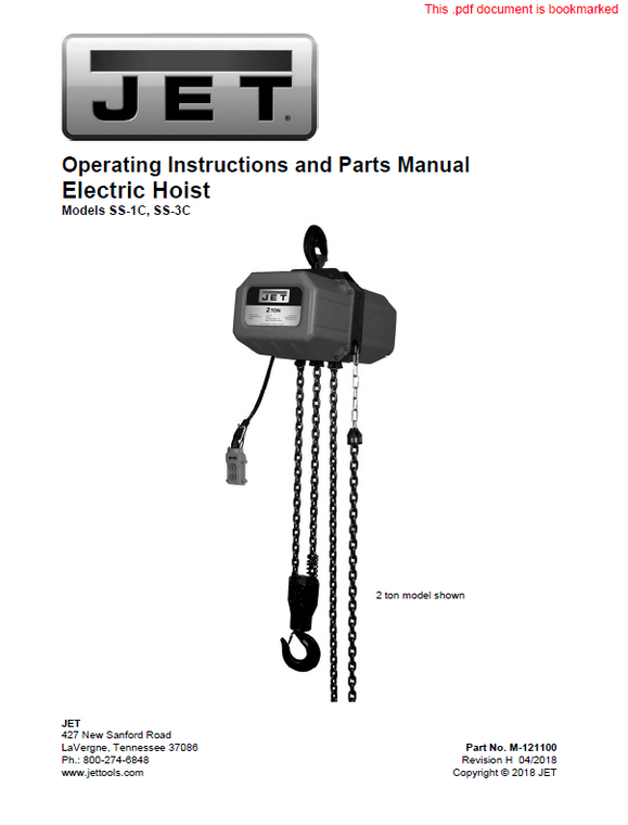 Jet SSC Electric Hoist Manual