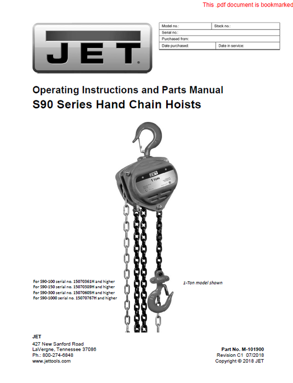 Jet S-90 Series Hand Chain Hoist Manua