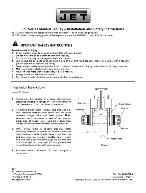 JET PT Series Manual Hoist Trolley