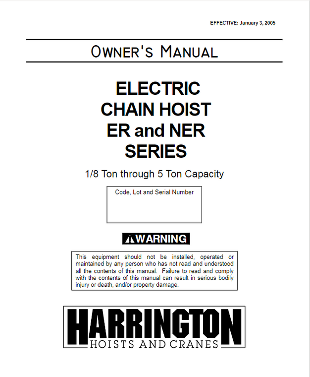 Harrington ER & NER Series Electric Chain Hoist Manual, 2006