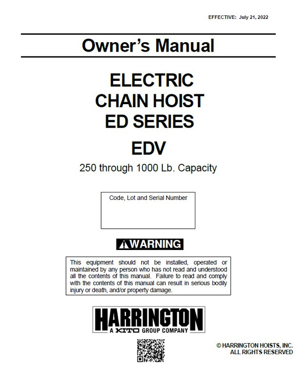 Harrington EDV Electric Chain Hoist Manual Rev 7/22