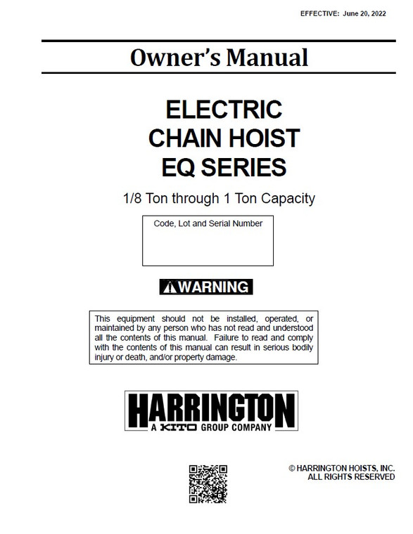 Harrington EQ Electric Chain Hoist Manual Rev.6/2022