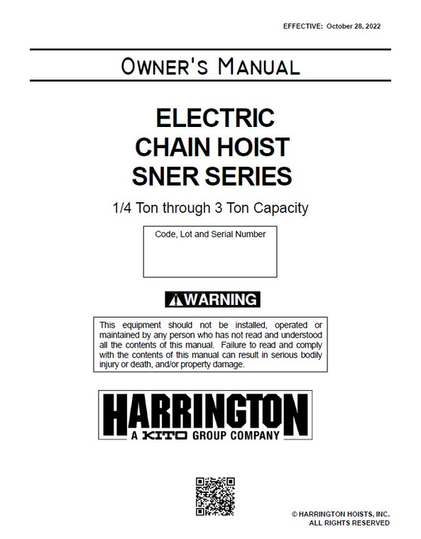 HARRINGTON SNER ELECTRIC CHAIN HOIST MANUAL REV.10/2022