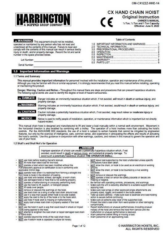 Harrington CX Hand Chain Hoist Manual Rev 6/2022