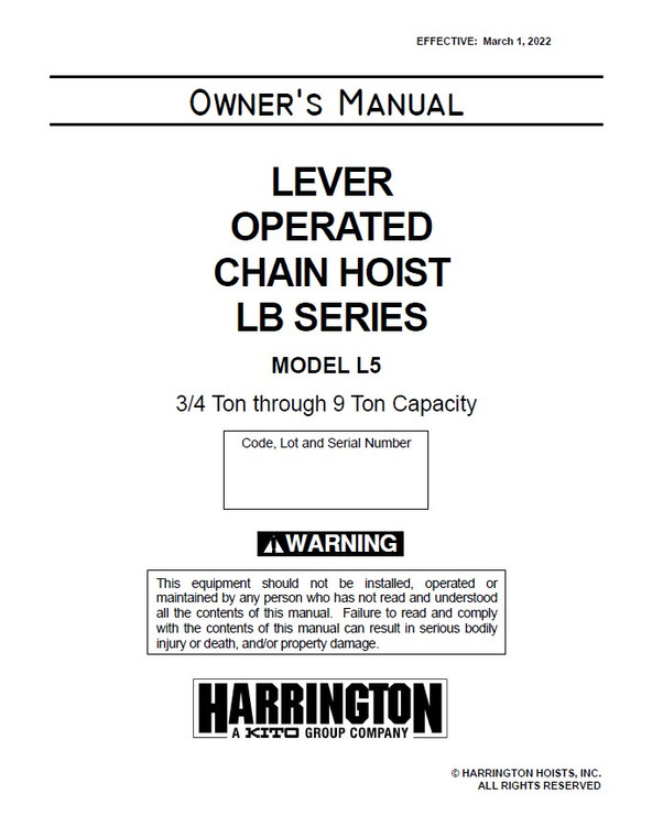 Harrington LB Lever Hoist Manual Rev 3/2022