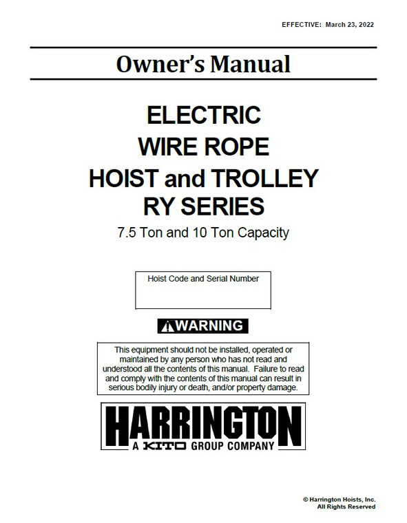 Harrington RY Wire Rope Hoist 7.5-10T & Trolley Manual Rev3/2022