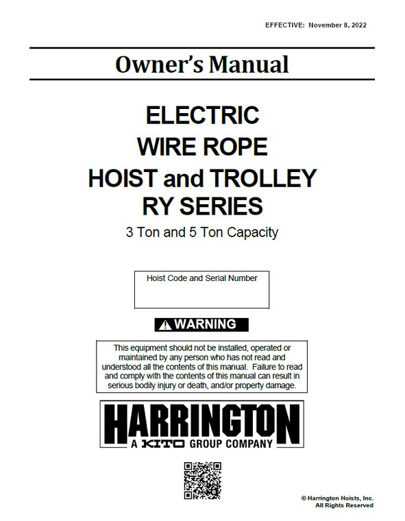 HARRINGTON RY WIRE ROPE HOIST 3-5T & TROLLEY MANUAL REV11/2022