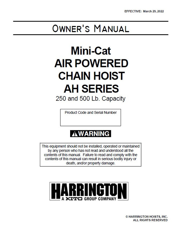 Harrington Mini-Cat AH Air Powered Chain Hoist Manual Rev 3/2022