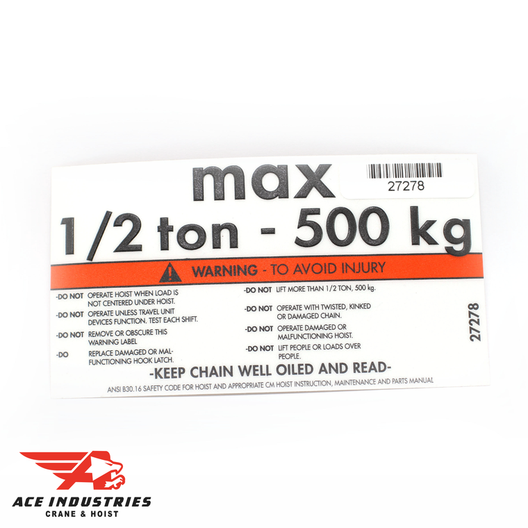 CM 1/2 Ton Capacity Label, 27278