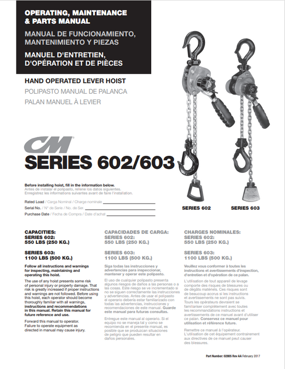 Preview of CM Series 602/603 Hand Operated Lever Hoist Operating, Maintenance, & Parts Manual showing cover page in English, Spanish, and French with images of the 602 and 603 models and their load capacities of 550 lbs (250 kg) and 1100 lbs (500 kg) respectively.