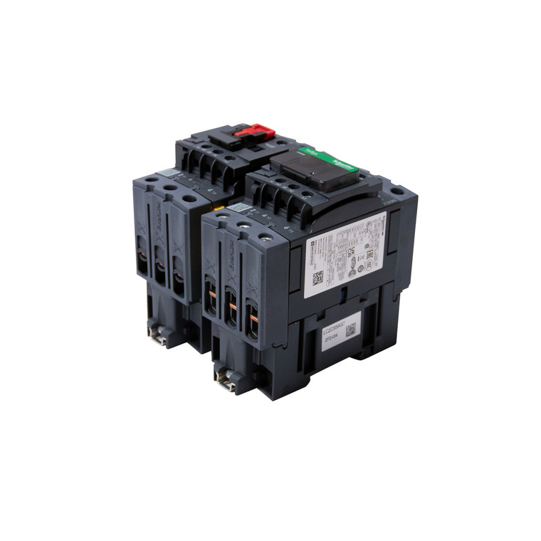 Front perspective view of the Schneider Electric LC2D65AG7 TeSys D 65A reversing contactor assembly, featuring two mechanically interlocked contactors with screw terminals and TeSys branding.