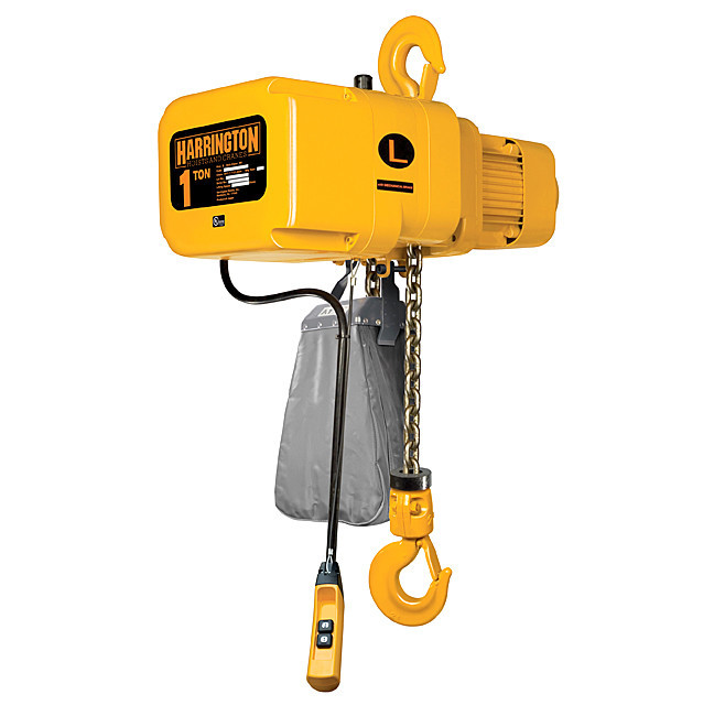 HARRINGTON NER II 1 TON ELECTRIC HOIST, 2.5-14 FPM, VFD with push trolley and steel chain container