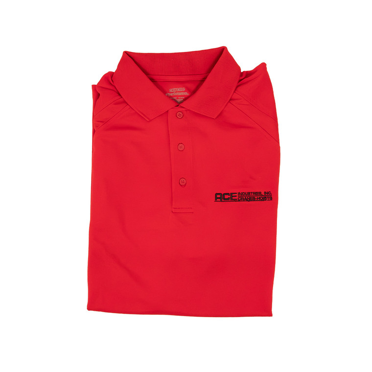Red polo with the old Ace logo embroidered on the pocket area in black.