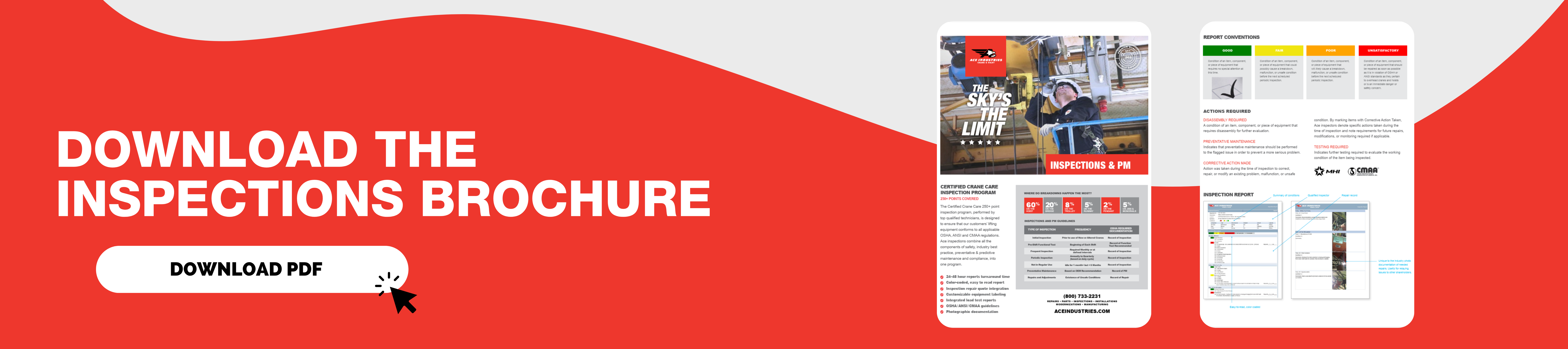 Ace Industries 250-Point Crane Inspection and Preventative Maintenance Brochure outlining OSHA, ANSI, and CMAA compliance requirements