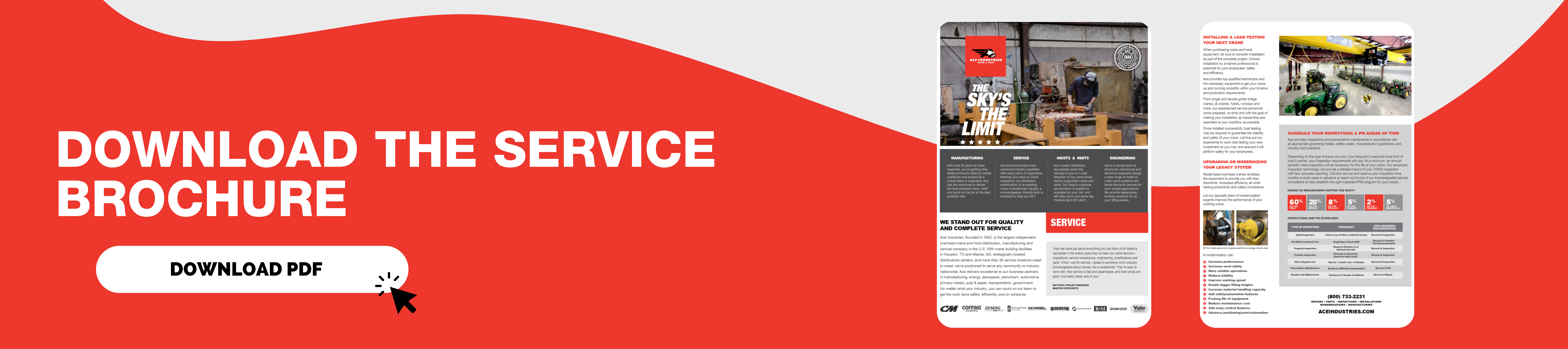 Ace Industries Crane Service Brochure covering inspections, breakdown repairs, installations, modernizations, and nationwide 24/7 support for overhead lifting equipment