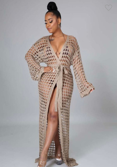 Aruba Crochet Cover Up Kimono (Khaki))