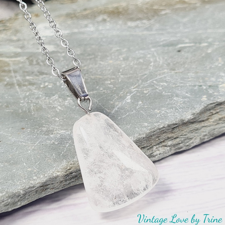 Clear Quartz Gemstone Necklace with stainless steel chain.
