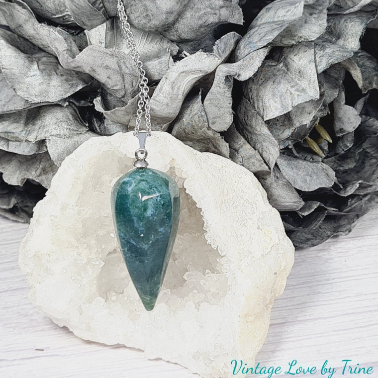 Green Large Agate Pendulum Gemstone Necklace with stainless steel chain.