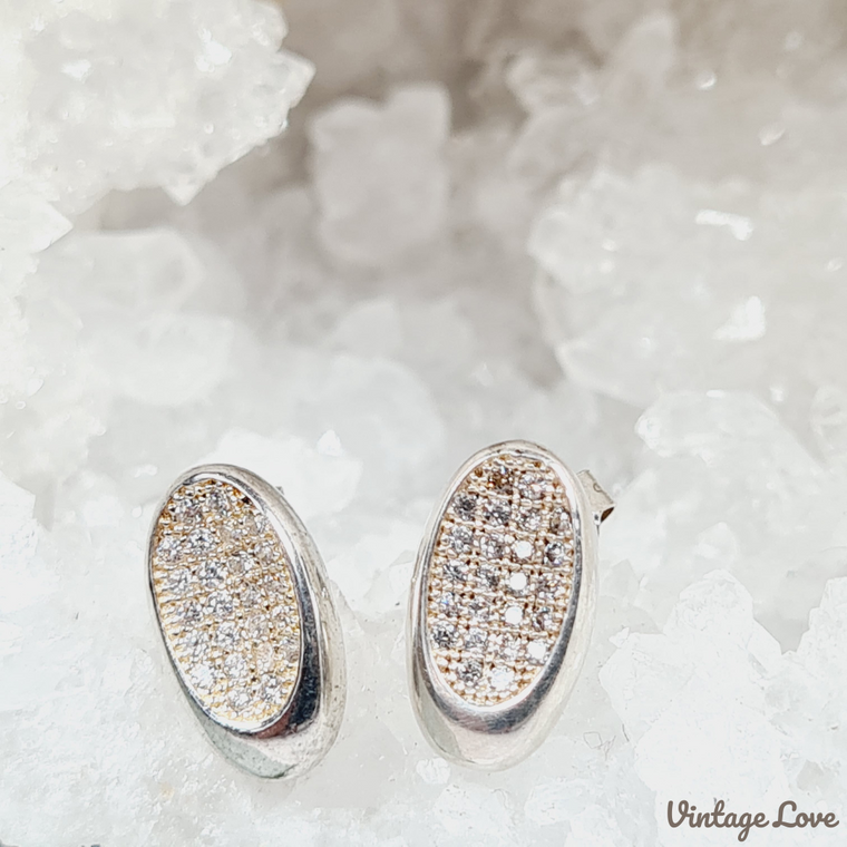 Crystal Encrusted Oval Sterling Silver Stud Earrings