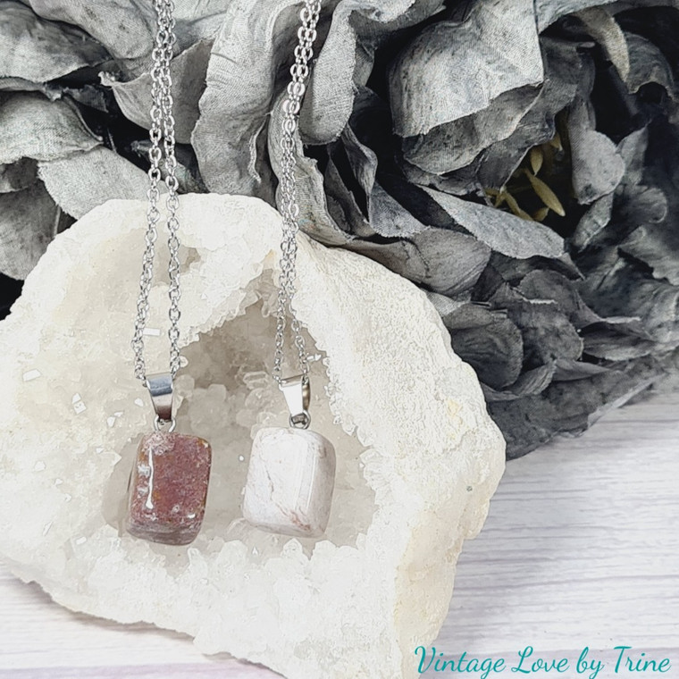 Red/pink Agate Square Gemstone Necklace with stainless steel chain.