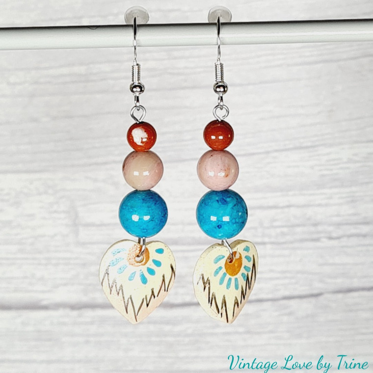 Handmade Jasper, Rhodonite and Blue Chrysocolla beaded dangling earrings with tribal hand painted heart shaped shell.