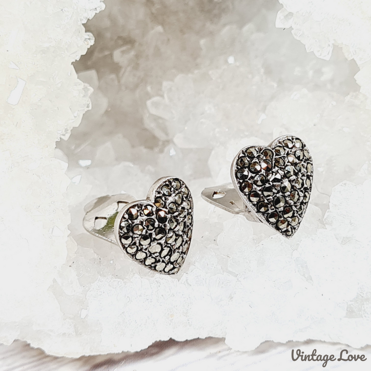 Sterling Silver Marcasite Encrusted Heart Clip Earrings