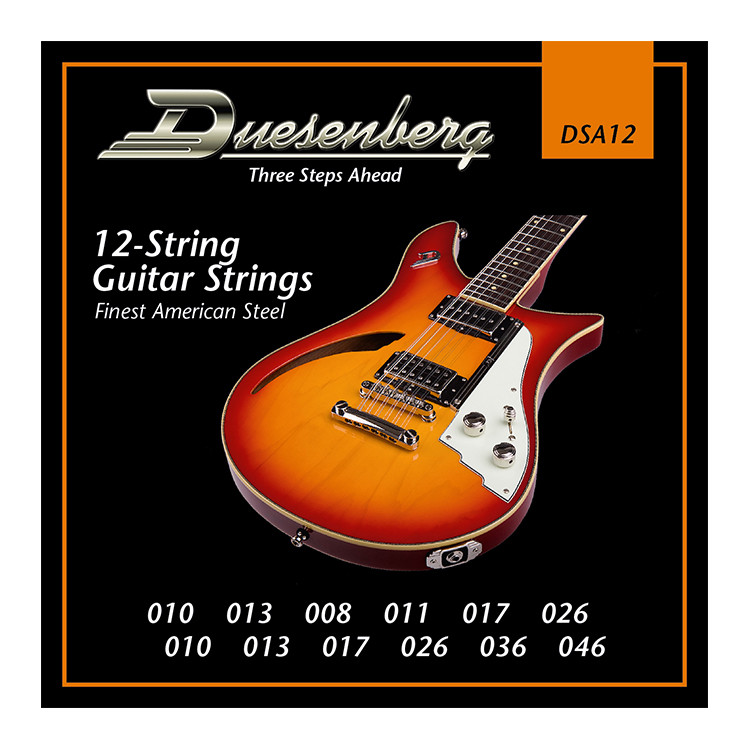 Duesenberg strings - The real deal.
Because if you want good tone, you need good strings.

Set for 12-String guitars as used on all Duesenberg 12-String models.
Gauge: 010 - 010 | 013 - 013 | 008 - 017 | 011 - 026 | 017 - 036 | 026 - 046
Finest Steel Strings made in USA - nickel wound.