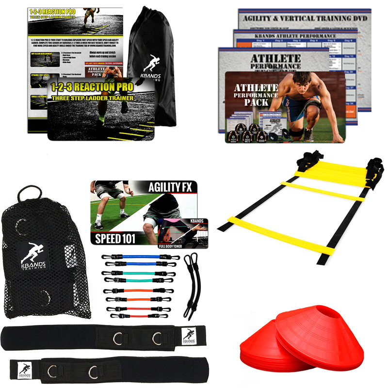 Kbands Football Pro Kit Includes Kbands Plus Advanced Blue Resistance Bands, Speed Ladder, Agility Cones, 1-2-3 Reaction Pro Ladder Training and Athlete Performance 5 Week training Program. 