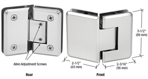 Adjustable to Any Angle Up to 90 Degree Without Removing Door
Available in Several Beautiful Finishes 
Three Year Warranty
Adjustable 135 Degree Glass-to-Glass 
Use Monolithic Tempered Glass