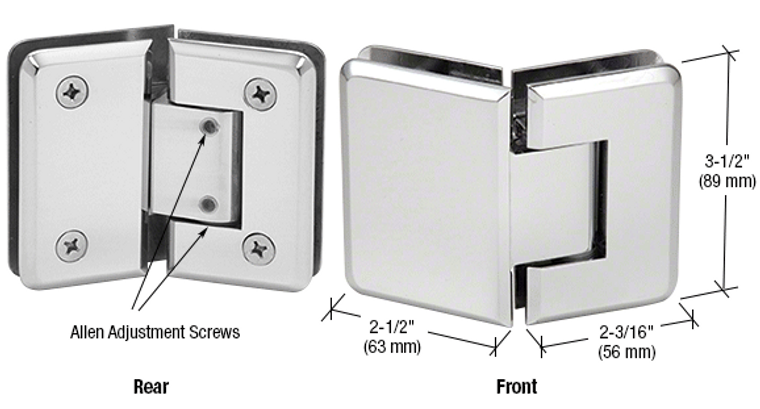 Adjustable to Any Angle Up to 90 Degree Without Removing Door
Available in Several Beautiful Finishes 
Three Year Warranty
Adjustable 135 Degree Glass-to-Glass 
Use Monolithic Tempered Glass
