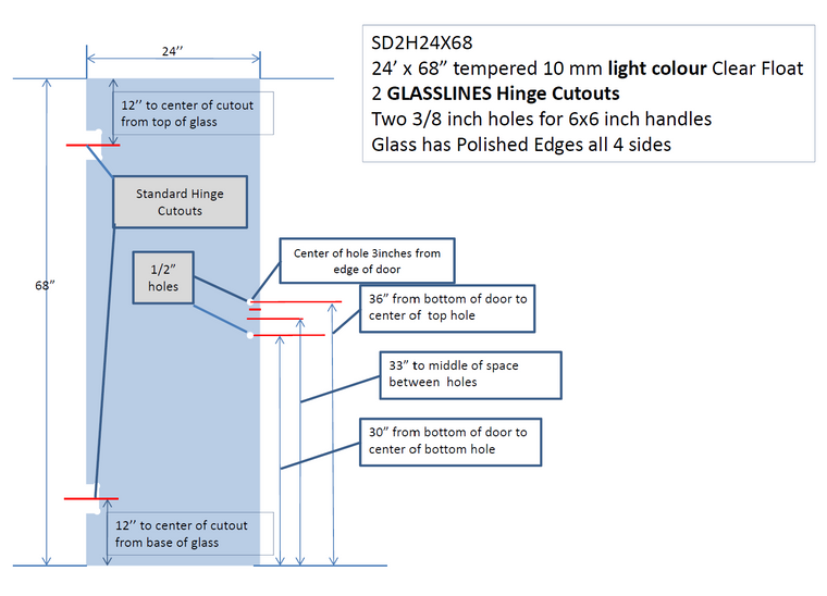 SHOWER DOOR 24X68-2 holes for 6X6 handle
