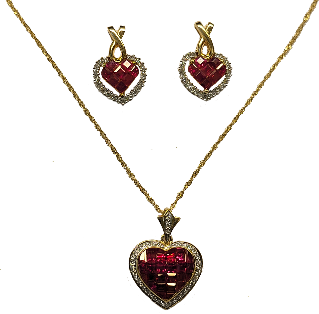 14K Gold Diamond Ruby Heart Pendant, Necklace & Earring Set