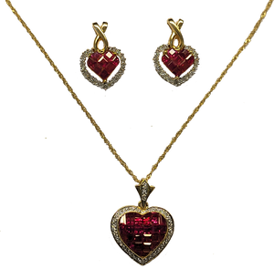 14K Gold Diamond Ruby Heart Pendant, Necklace & Earring Set 14K Gold Diamond Ruby Heart Pendant, Necklace & Earring Set