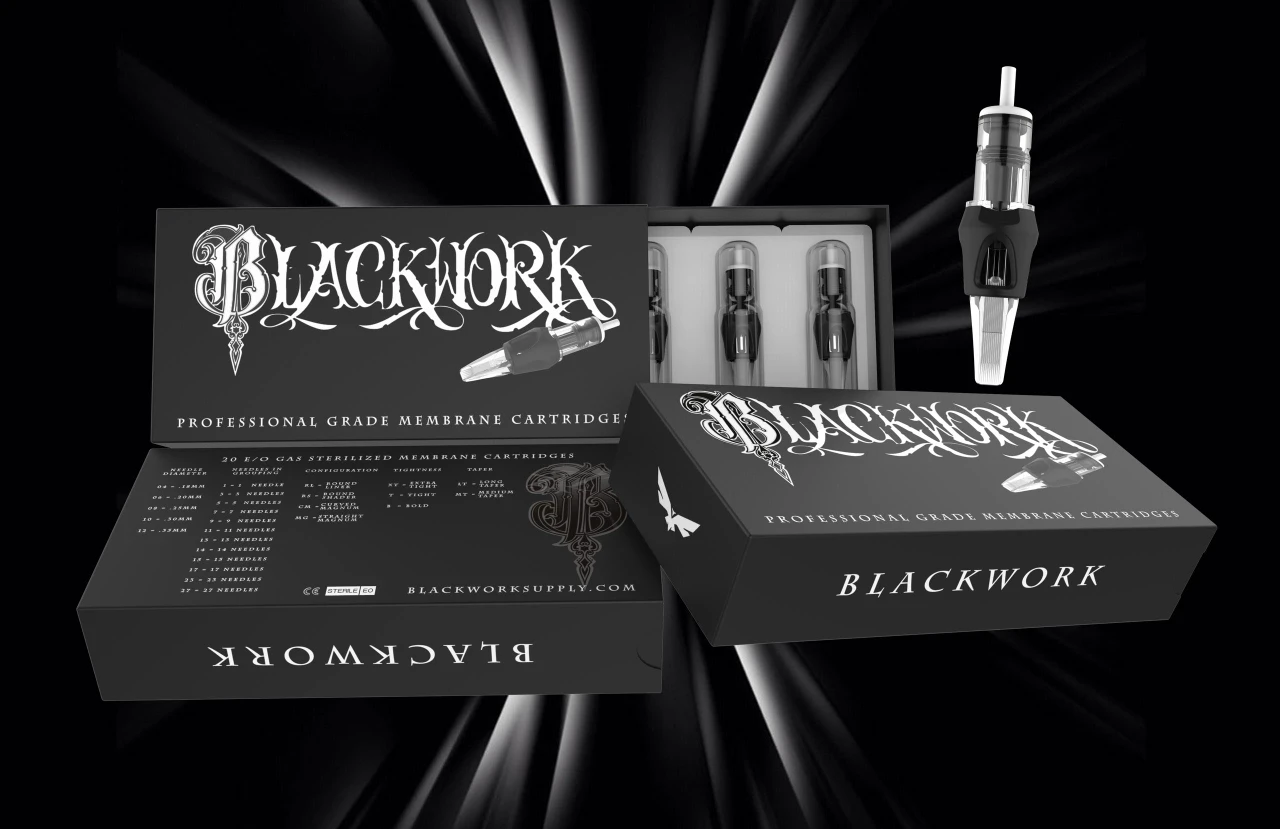 BLACKWORK CARTRIDGES- 4 SIZE- BUGPIN CURVED MAG SAMPLE BOX - (#10 CURVED MAG, LONG TAPER) - 10/07-CM-LT, 10/09-CM-LT, 10/11-CM-LT, 10/13-CM-LT