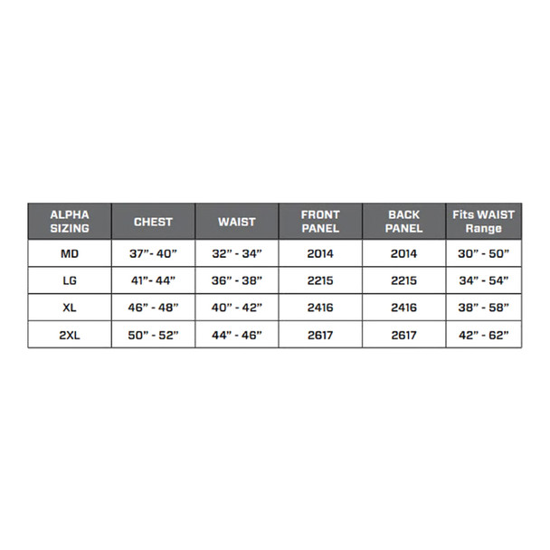 Hard Core FE - MOLLE - Alpha Sizing Chart