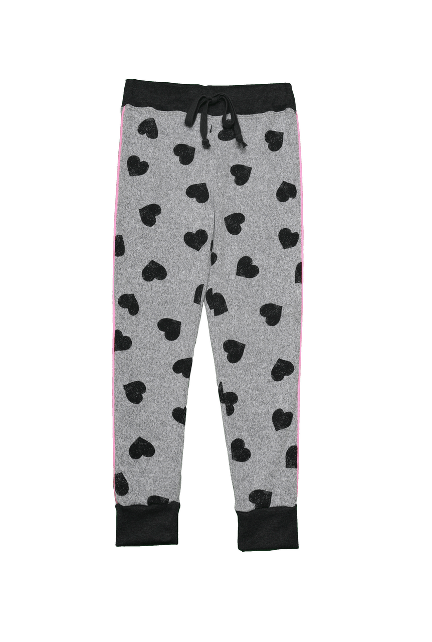GIRLS BLACK HEARTS PRINT TIGHT FIT CUFF SWEAT PANTS WITH PINK PIPING -  T2Love, Inc.