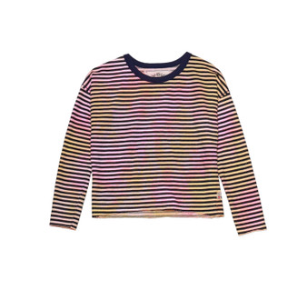 NEON TIE DYE NAVY STRIPES LONG SLEEVE SLOUCH RAW EDGE CREW