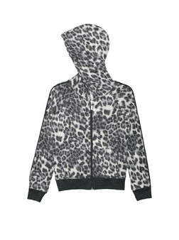 GREY LEOPARD LONG SLEEVE HOODED ZIPPER JACKET WITH BLACK PIPPING
