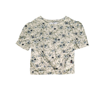 NAVY FLORALS PRINT PUFF SLEEVE KNOTTED TEE