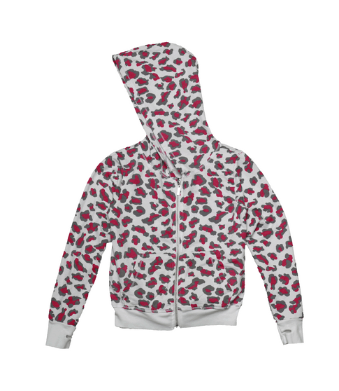 PINK/GREY LEOPARD PRINT LONG SLEEVE HOODED ZIPPER JACKET WITH THUMBHOLES