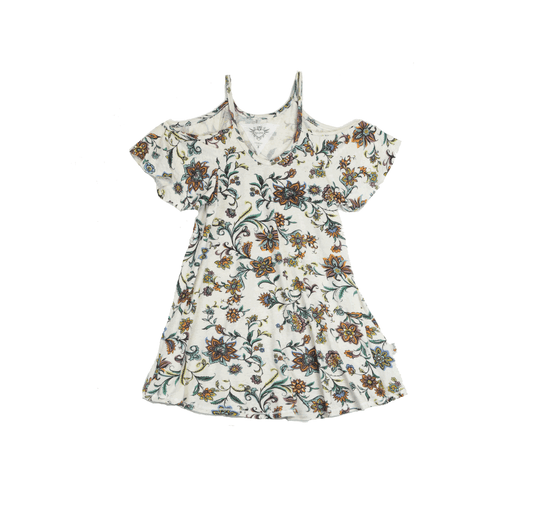 NATURAL BOHO FLOWER PRINT COLD SHOULDER SWING TUNIC TOP