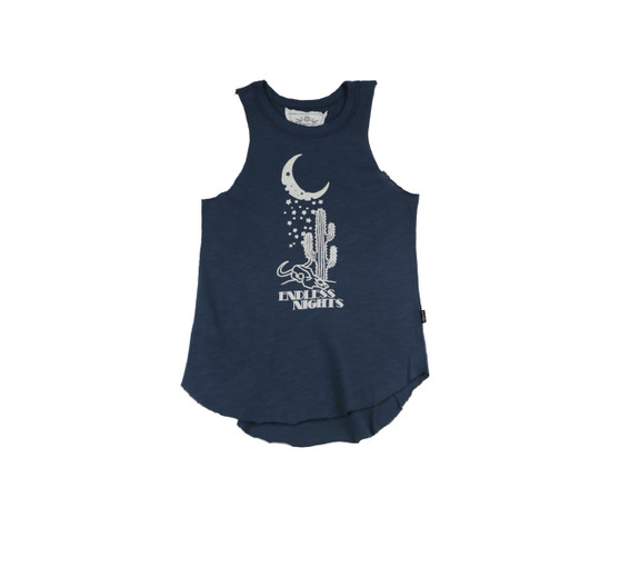 GIRLS JERSEY COTTON RAW EDGE MUSCLE TOP: WHITE STARY NIGHT SCREEN PRINT