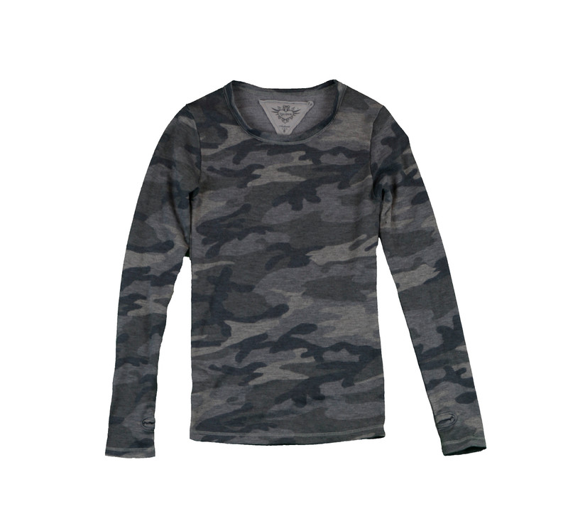 CHARCOAL LONG SLEEVE CAMO PRINT CREW TOP WITH THUMBHOLES