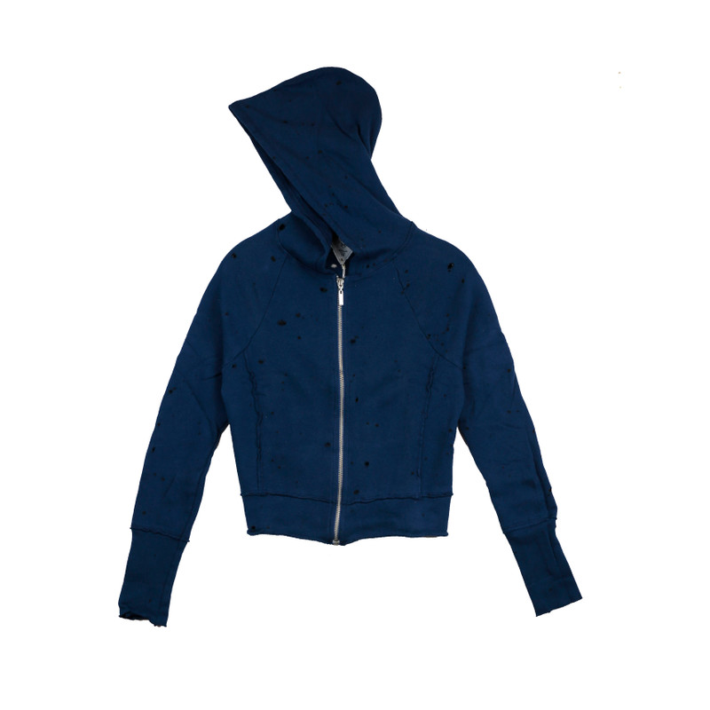 NAVY LONG SLEEVE HOODED HOLEY ZIPPER JACKET WITH RIB CONTRAST