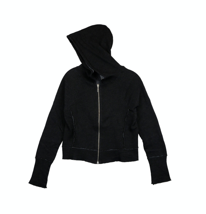 CHARCOAL LONG SLEEVE HOODED HOLEY ZIPPER JACKET WITH RIB CONTRAST