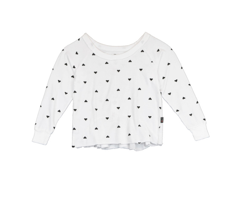 WHITE LONG SLEEVE SMALL HEART PRINT CREW WITH RUFFLE BACK