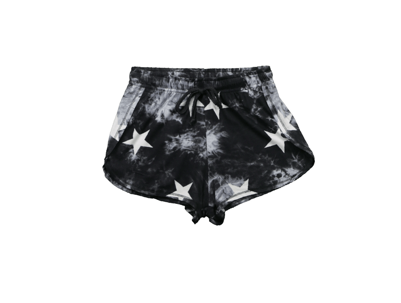 BLACK AND WHITE TIE DYE WITH WHITE STARS PRINT BEACH SHORTS