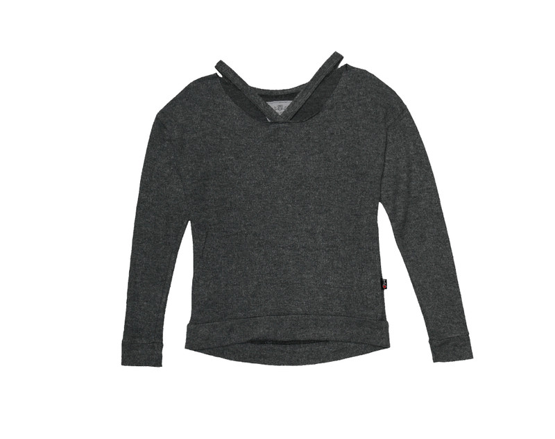 CHARCOAL HEATHER LONG SLEEVE BRUSHED HACCI DOUBLE CUT V-NECK TOP